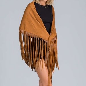 Faux Suede Boho Festival Fringe Poncho Shawl